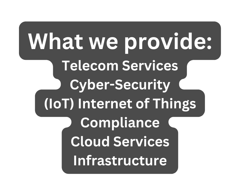 What we provide Telecom Services Cyber Security IoT Internet of Things Compliance Cloud Services Infrastructure